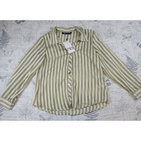 NEW Zara Flowy Striped Long Sleeve Gold Buttons Shirt Ecru/Green womens Size XS - Picture 4 of 8